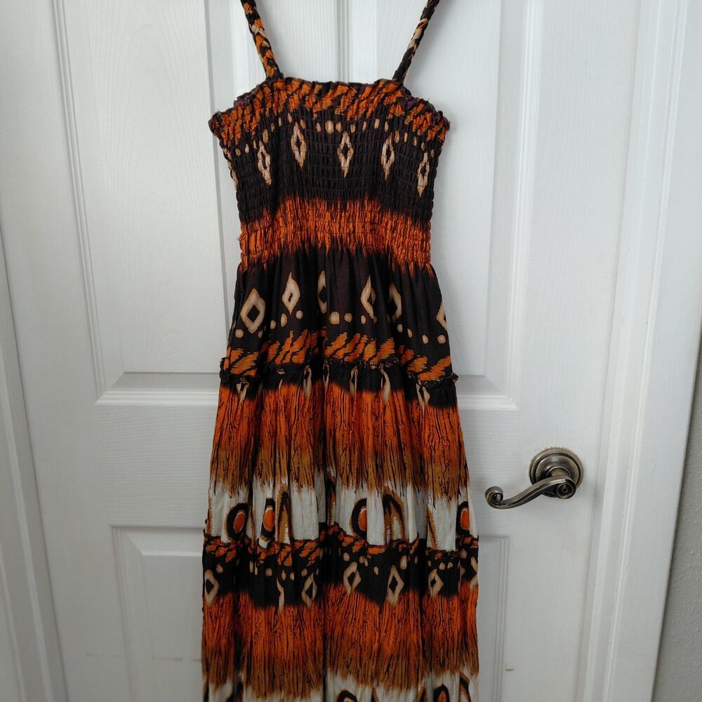 Magic Full Skirt Maxi Dress Boho Resort Festival Brown Smocked Medium Cotton - Picture 4 of 10